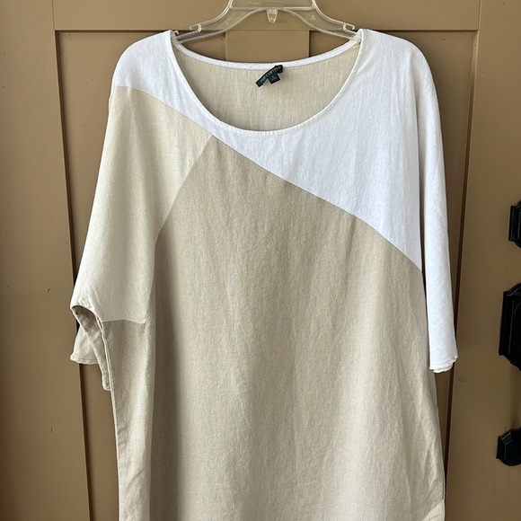 For Cynthia Sz L Linen Blend Color Block Lagenlook Shirt Dress Cream Tan - Picture 2 of 8